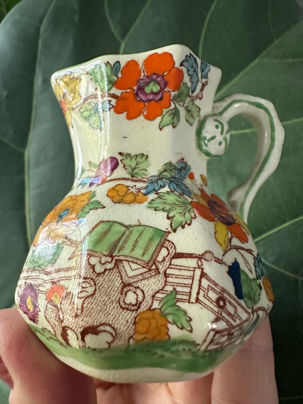Mason's Bible Pitcher porcelain England Creamer Floral Green Edge 3”